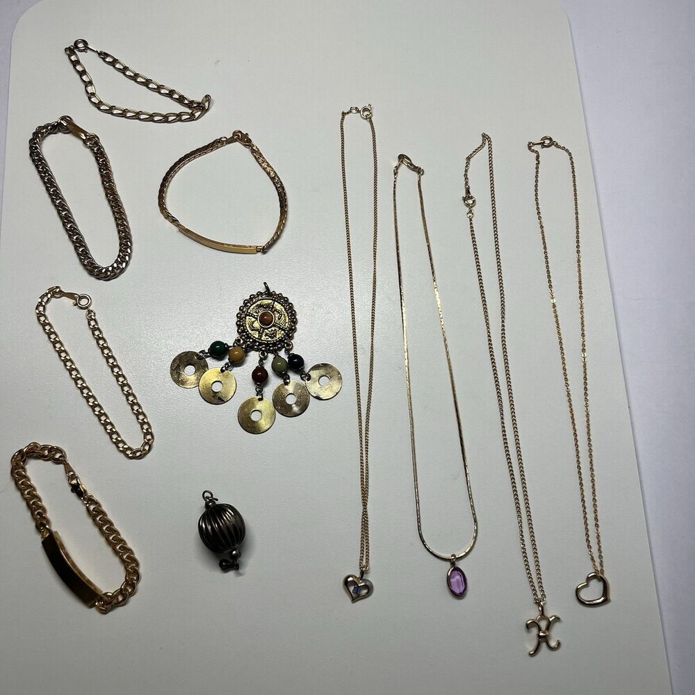 Vintage Jewelry Lot Gold Tone Chain Necklaces Heart Amethyst Pendant Bracelet
